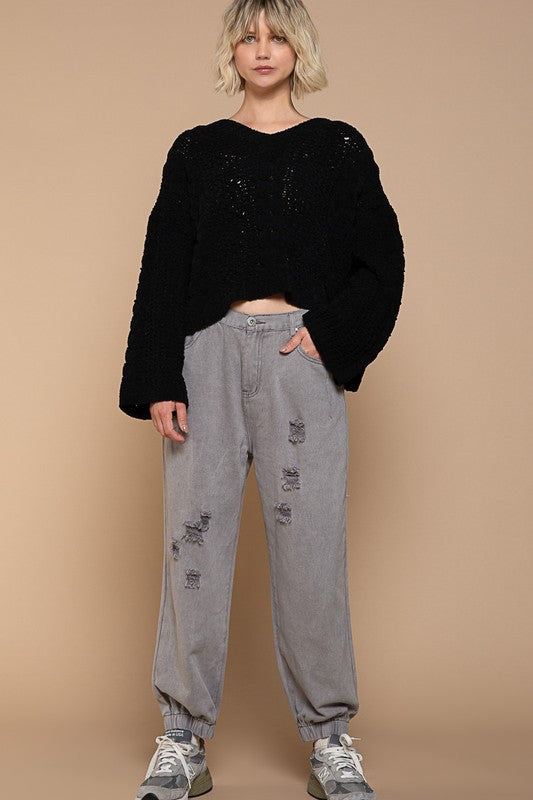 V Neck Twisted Crop Knit Sweater