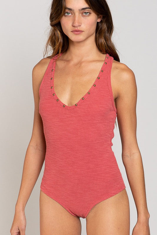 Deep V-neck Studded Bodysuit