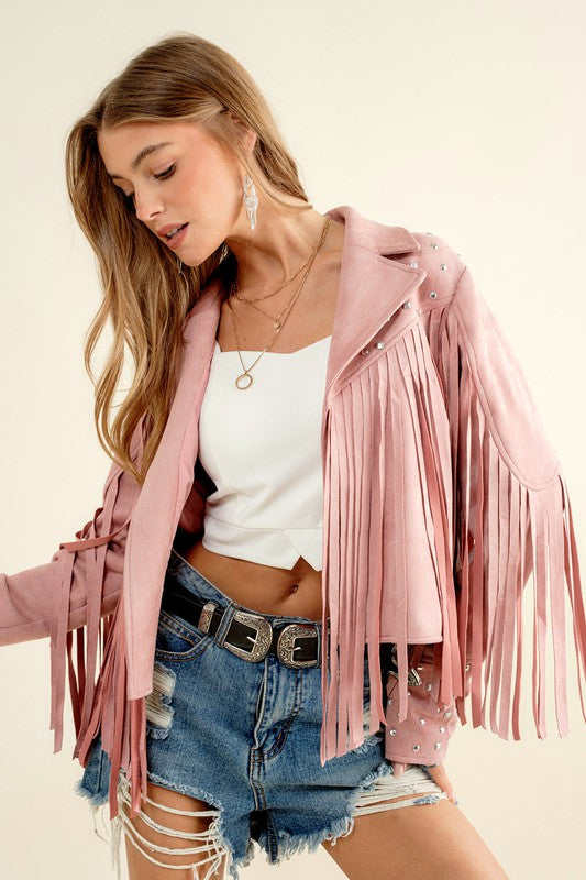 Make a Bold Western Statement with Studded Fringe Open Jacket