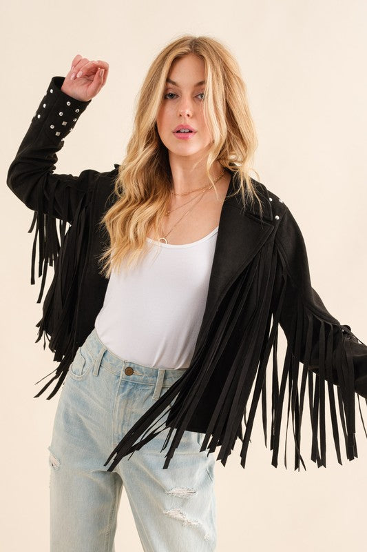 Make a Bold Western Statement with Studded Fringe Open Jacket