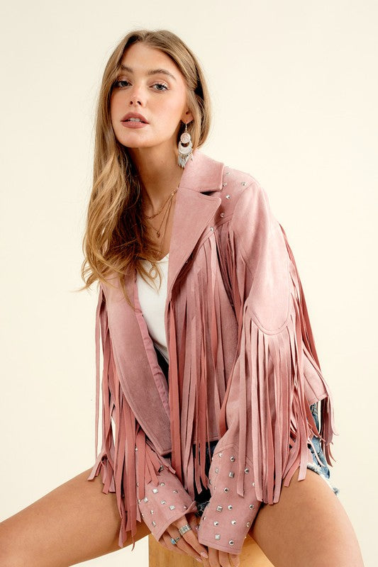 Make a Bold Western Statement with Studded Fringe Open Jacket