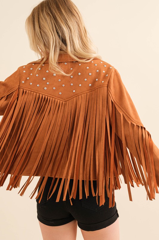 Make a Bold Western Statement with Studded Fringe Open Jacket