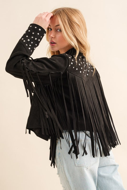 Make a Bold Western Statement with Studded Fringe Open Jacket