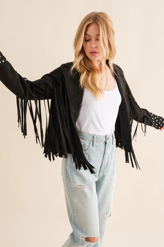 Make a Bold Western Statement with Studded Fringe Open Jacket
