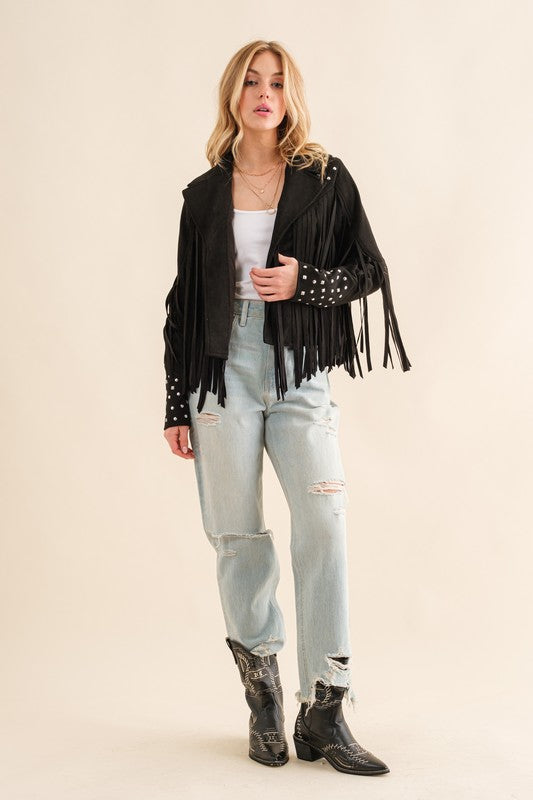 Make a Bold Western Statement with Studded Fringe Open Jacket