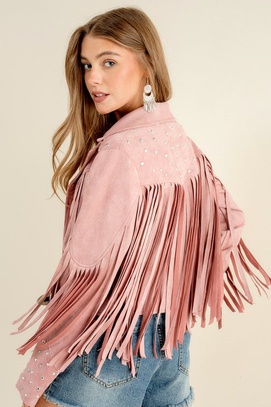 Make a Bold Western Statement with Studded Fringe Open Jacket