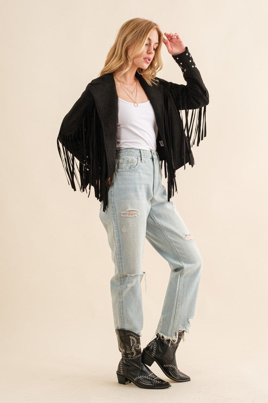 Make a Bold Western Statement with Studded Fringe Open Jacket