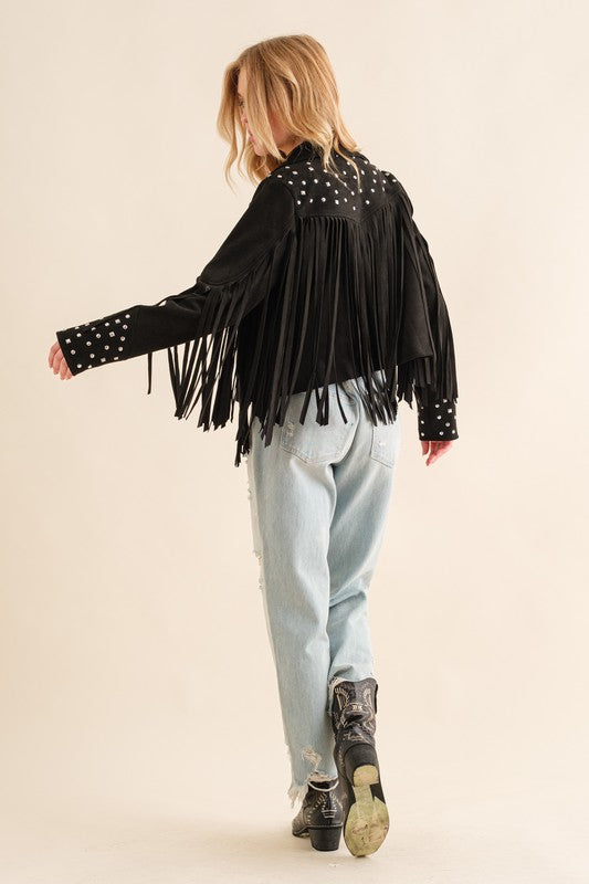 Make a Bold Western Statement with Studded Fringe Open Jacket