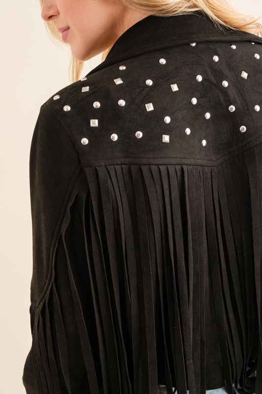 Make a Bold Western Statement with Studded Fringe Open Jacket