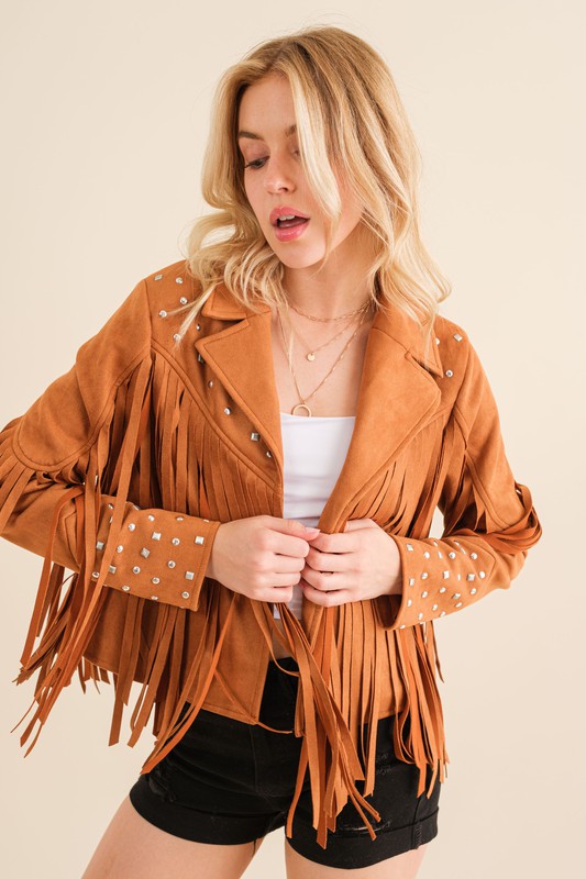 Make a Bold Western Statement with Studded Fringe Open Jacket