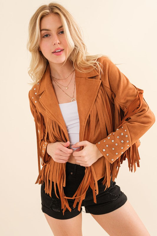 Make a Bold Western Statement with Studded Fringe Open Jacket