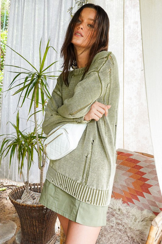 Mineral-Wash Distressed Sweater