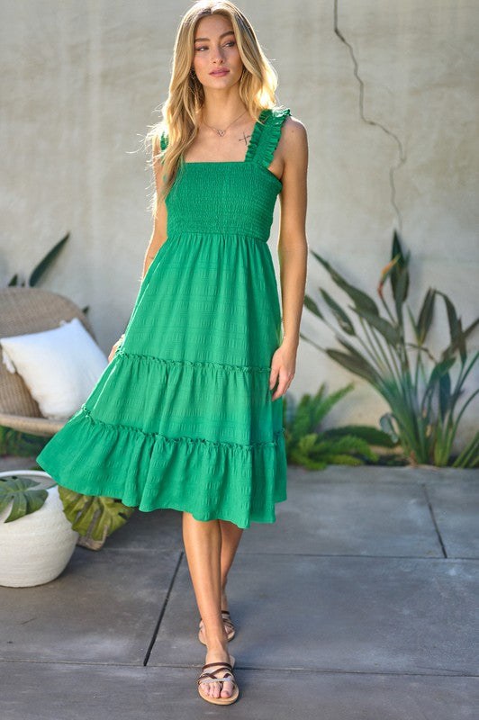 Smocked Sleeveless Ruffle Midi Dress