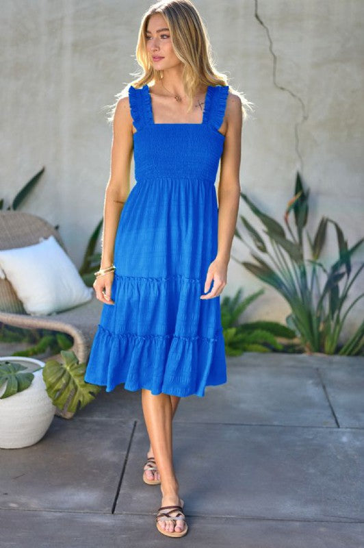 Smocked Sleeveless Ruffle Midi Dress