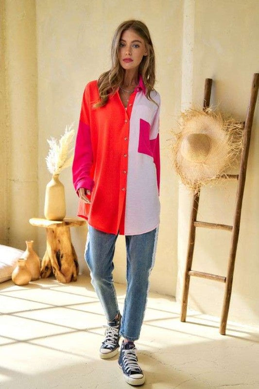 Color Block Button Up Shirt